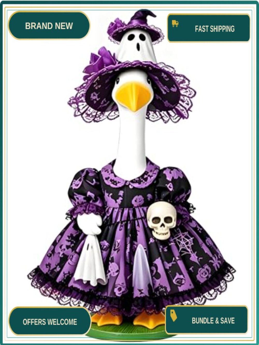 Halloween Porch Goose Outfit 23'' Statue Witch Costume Dress Hat Wings